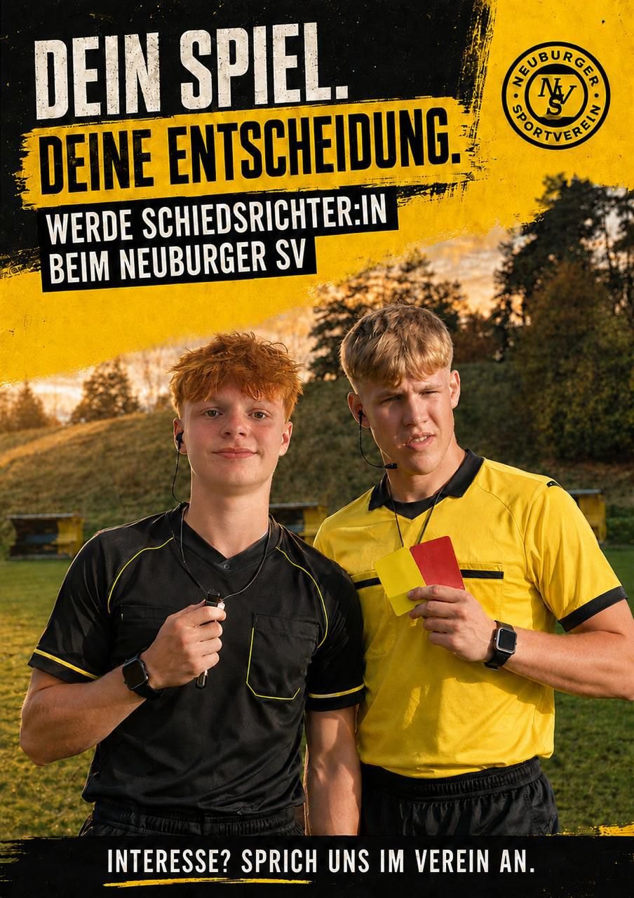 Noah Alde und Emil Erpen in Schiedsrichtertrikots auf dem Sportplatz am Wallberg, mit Pfeife, gelber und roter Karte